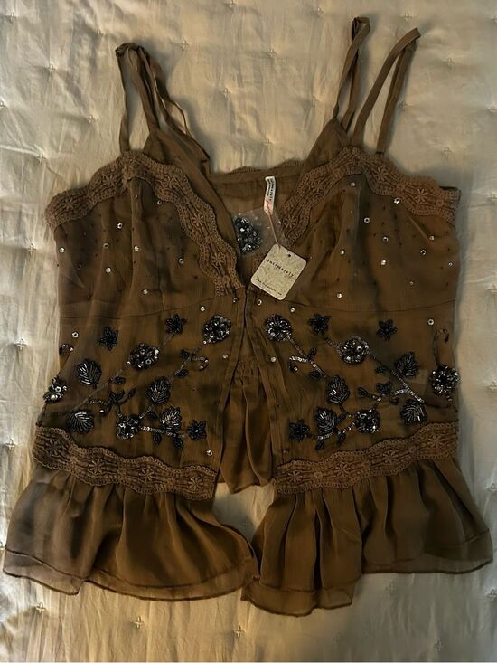 Free People Tops - Free People Intimately Beaded Sequin Cami Taupe Lace Trim XL NWT